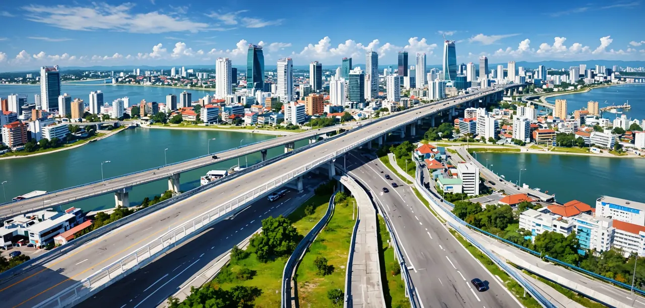 Pemandangan bandar Johor Bahru dengan lebuh raya dan kereta