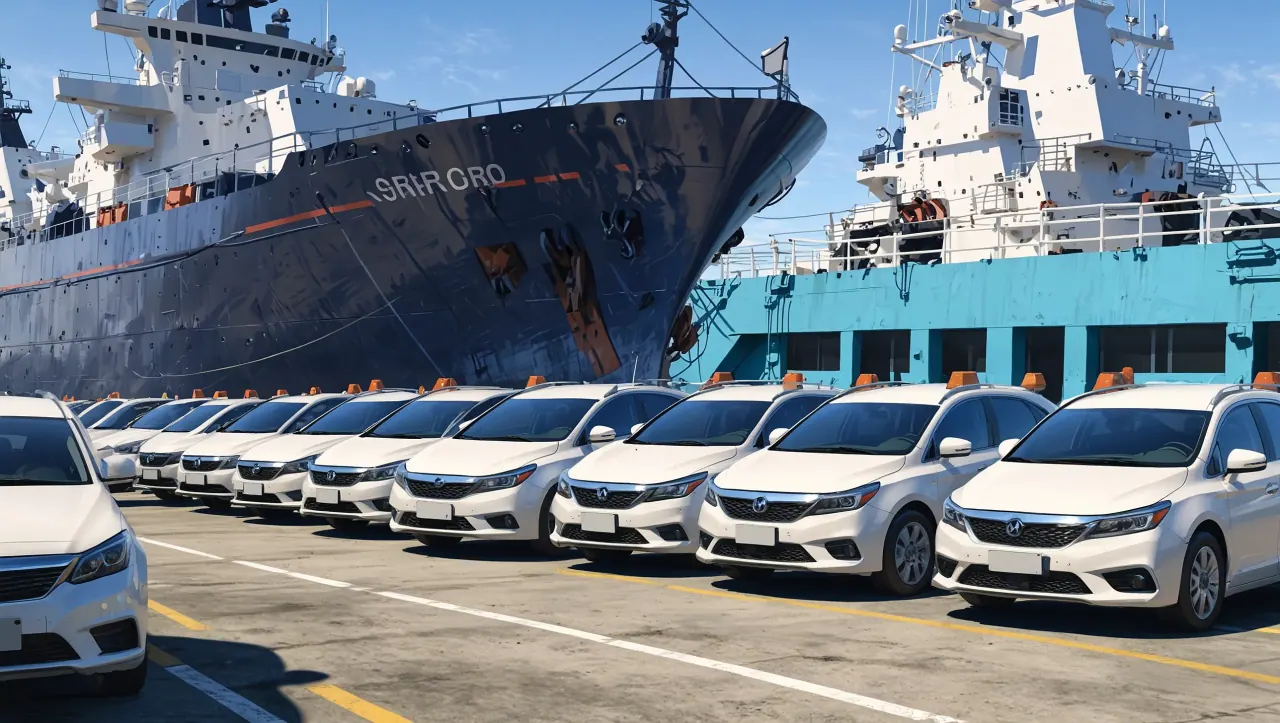 Barisan kereta sedan yang tersusun rapi di atas kapal RoRo sedia untuk dihantar ke Sabah