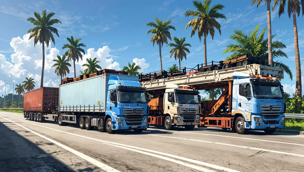 Trak pengangkut kereta membawa kenderaan dari Johor ke Pelabuhan Klang untuk penghantaran ke Sabah