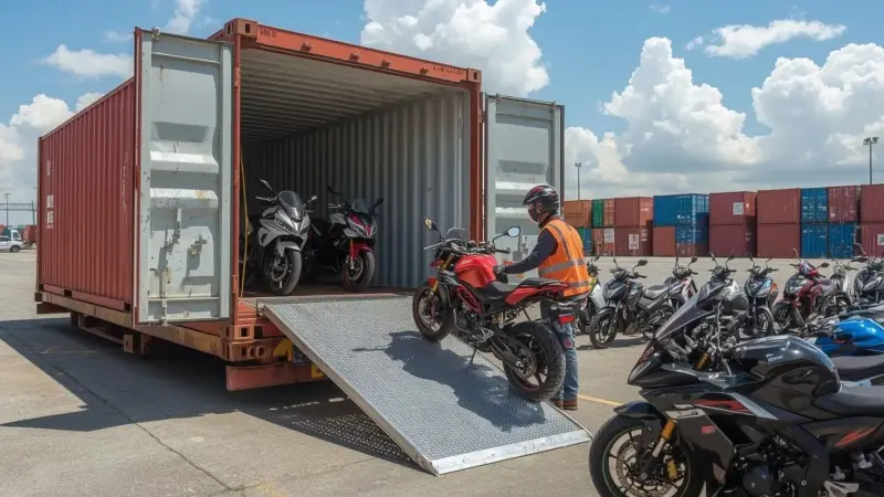 Motorsikal dimuat naik ke dalam kontena untuk penghantaran ke Sabah dan Sarawak